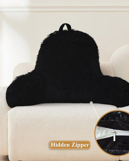 XeGe Faux Fur Reading Pillow Cover (No Filler), Fluffy Backrest Pillow Case for Sitting in Bed, Adults Kids Shaggy Sit Up Back Support Study Pillow Cover for Couch Chair Home Decoration, Black - LeafyLoom