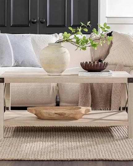 Walker Edison Sedalia Modern Farmhouse Metal X Coffee Table, 40 Inch, White Oak - LeafyLoom