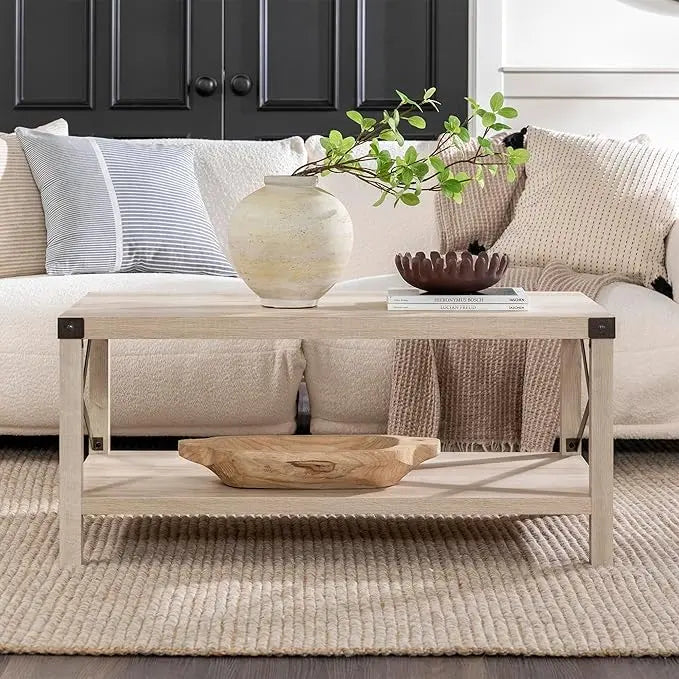 Walker Edison Sedalia Modern Farmhouse Metal X Coffee Table, 40 Inch, White Oak - LeafyLoom