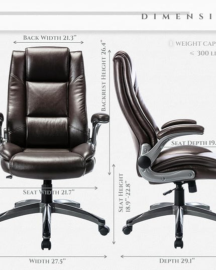 COLAMY Leather Executive Office Chair- High Back Home Computer Desk Chair with Padded Flip-up Arms, Adjustable Tilt Lock, Swivel Rolling Ergonomic Chair for Adult Working Study, Brown - LeafyLoom