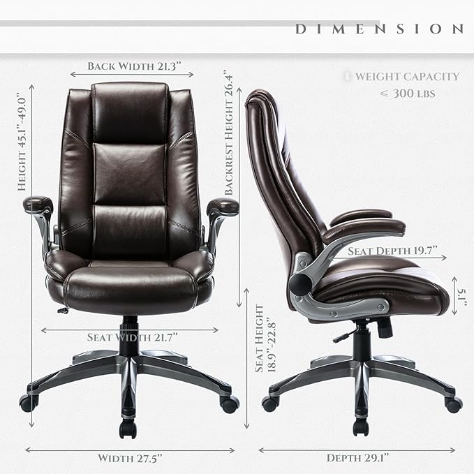 COLAMY Leather Executive Office Chair- High Back Home Computer Desk Chair with Padded Flip-up Arms, Adjustable Tilt Lock, Swivel Rolling Ergonomic Chair for Adult Working Study, Brown - LeafyLoom