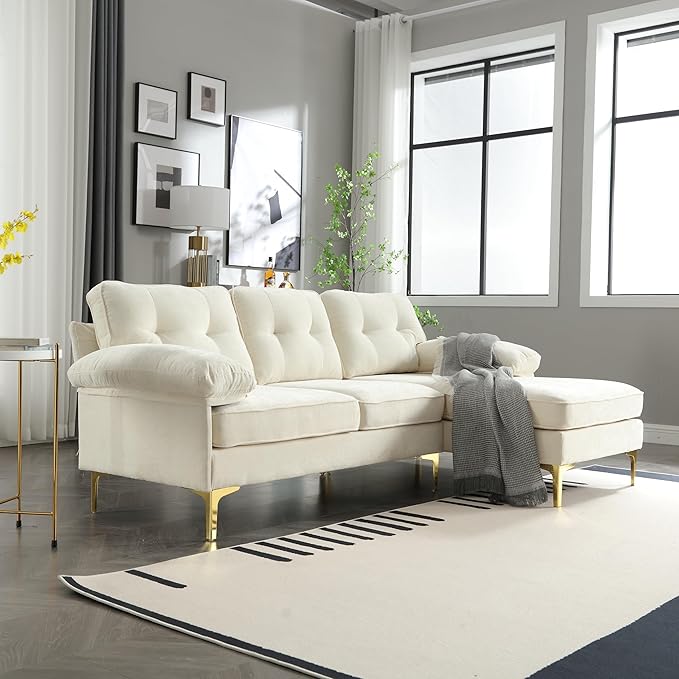 L Shaped Convertible Sleeper Sectional Sofa with Reversible Chaise, 3 Seater Corner Couch Bed with Detachable Pillow Armrest and Golden Metal Legs for Living Room Apartment Small Space - LeafyLoom