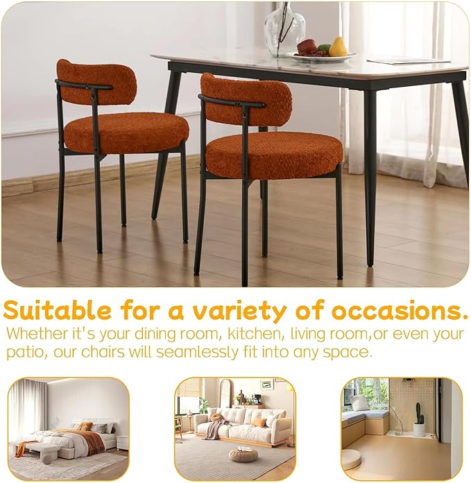 EDWELL Orange Dining Chairs Set of 4, Mid-Century Modern Dining Room Chairs with Thick Cushion, Round Upholstered Boucle Chairs for Kitchen, Living Room, Armless Kitchen Chairs with Black Metal Legs - LeafyLoom