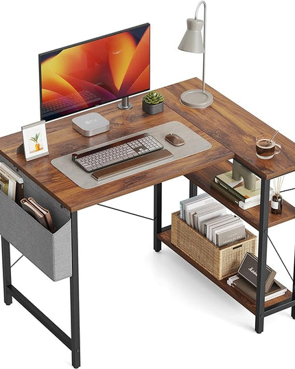 CubiCubi 40 Inch Small L Shaped Computer Desk with Storage Shelves Home Office Corner Desk Study Writing Table, Deep Brown - LeafyLoom
