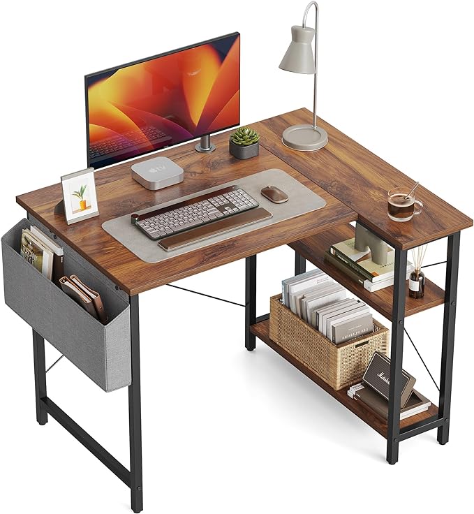 CubiCubi 40 Inch Small L Shaped Computer Desk with Storage Shelves Home Office Corner Desk Study Writing Table, Deep Brown - LeafyLoom
