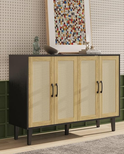 Storage Cabinet with Rattan Trim - 4 Door Sideboard Buffet Cabinet with Storage, Accent Cabinet with Shelves for Bathroom, Coffee Bar, Kitchen, Living Room, Hallway (Black) - LeafyLoom
