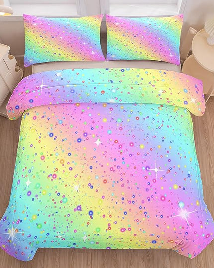 Girls Comforter Set Queen, Rainbow Bedding Set, Galaxy Twinkle Bedding for Kids Teens, Colorful Pastel Bedding Set, 5 pcs Bed in A Bag Queen, Kids Princess Bedding Set for Girls - LeafyLoom