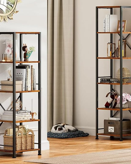 Furologee 5 Tier Tall Bookshelf, Rustic Narrow Bookcase, Display Standing Shelf Units, Metal and Wood Storage Shelves Organizer for Bedroom, Living Room, Home Office, Entryway, Kitchen, Rustic Brown - LeafyLoom