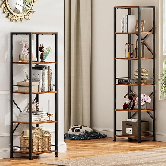 Furologee 5 Tier Tall Bookshelf, Rustic Narrow Bookcase, Display Standing Shelf Units, Metal and Wood Storage Shelves Organizer for Bedroom, Living Room, Home Office, Entryway, Kitchen, Rustic Brown - LeafyLoom