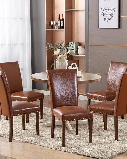 COLAMY Upholstered Parsons Dining Chairs Set of 4, PU Leather Dining Room Kitchen Side Chair with Nailhead Trim and Wood Legs - Light Brown - LeafyLoom