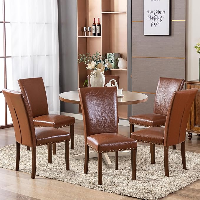 COLAMY Upholstered Parsons Dining Chairs Set of 4, PU Leather Dining Room Kitchen Side Chair with Nailhead Trim and Wood Legs - Light Brown - LeafyLoom