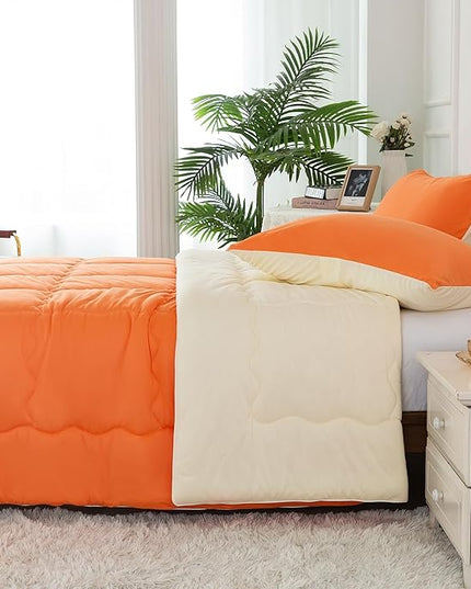 COTTEBED Reversible Ultra-Soft Bright Orange Beige Twin Comforter Set for Girl Boy Kid Dorm, Jersey Knit T-Shirt Feel Cute Lightweight Cozy Comfy Bedding Blanket Down Conforter All Season Twin/Twin XL - LeafyLoom