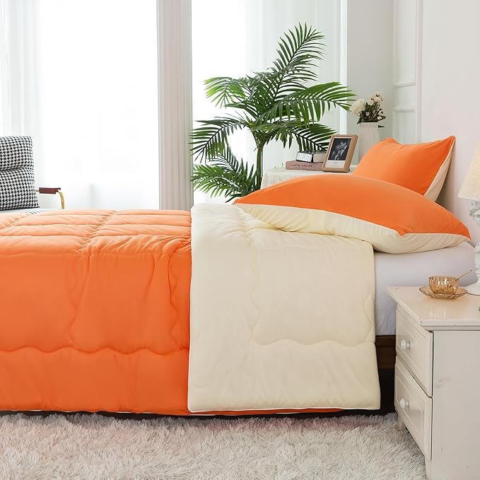 COTTEBED Reversible Softness Bright Orange and Beige King Size Comforter Set Clearance, Jersey Knit T-Shirt Feel California King Cozy Bedding Down Blanket Quilt & Pillowsham for Women Men All Season - LeafyLoom