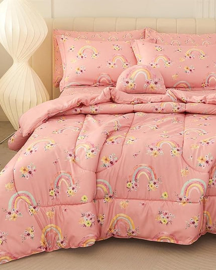 Mooreeke Twin Size Comforter Sets for Girls Kids, 6 Pieces Bed in a Bag Pink Rainbow Flowers Bedding Comforter Sheet Set with Shams and Decorative Toy Pillow, Ultral Soft Microfiber Kids Bed Set - LeafyLoom