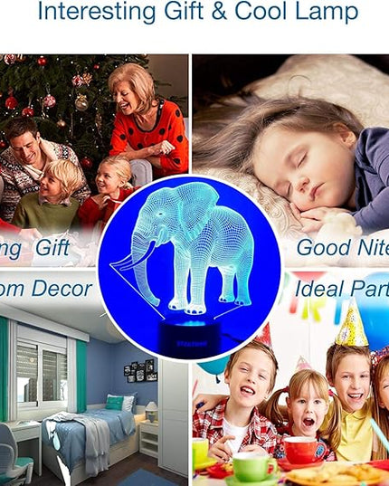 Elephant 3D Lamp Toys for Boys Girls Room, Night Light Bedside Decor Gifts for Kids Baby, 7 Colors Changing Nightlight with Smart Control - LeafyLoom
