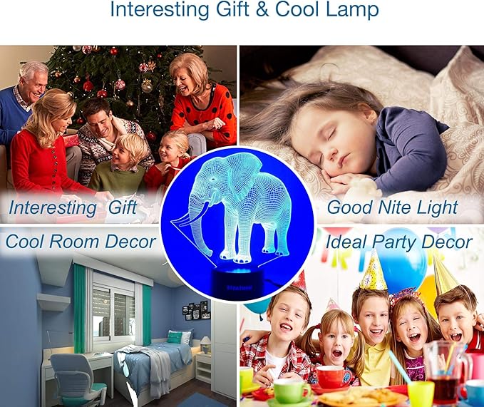 Elephant 3D Lamp Toys for Boys Girls Room, Night Light Bedside Decor Gifts for Kids Baby, 7 Colors Changing Nightlight with Smart Control - LeafyLoom