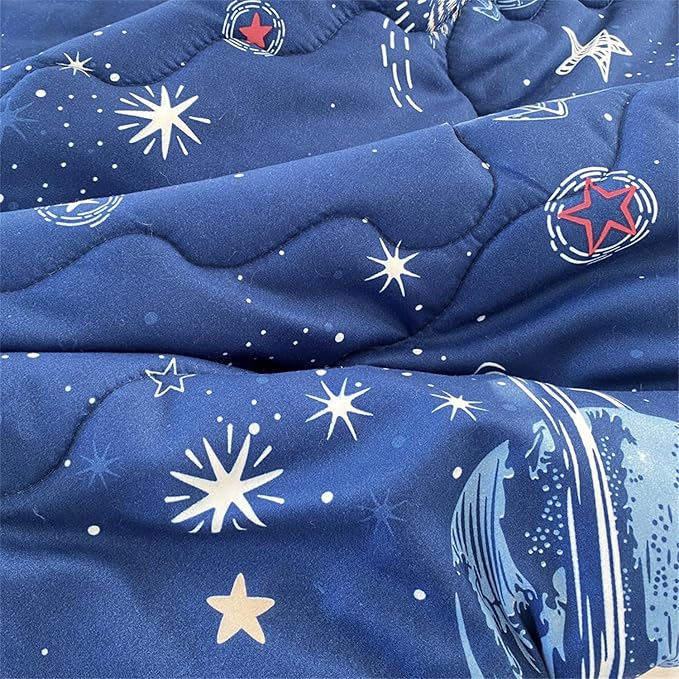 7 Piece Boys Space Comforter Set Twin Size Bed in A Bag Star Rocket Galaxy Universe Planets Bedding Set for Kids Teens Girls Microfiber Blue Quilt All Season - LeafyLoom