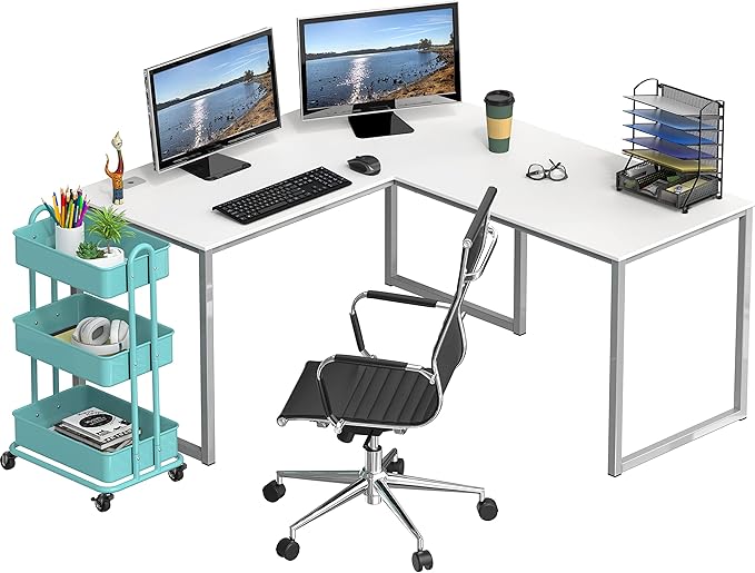 SHW Home Office 55-Inch Large L Shaped Corner Desk, 24" Deep, White - LeafyLoom