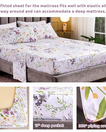 QSH Wild Floral Printed Bed Sheets Egyptian Cotton Yellow Flower Botanical Pattern King Size Sheets Extra Deep Pocket 17.5" - LeafyLoom