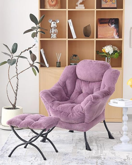 Welnow Lazy Chair with Ottoman, Modern Lounge Accent Chair with Armrests and a Side Pocket, Leisure Sofa Chair Set, Reading Chair with Footrest for Small Space, Corner Chair, Plush Purple - LeafyLoom