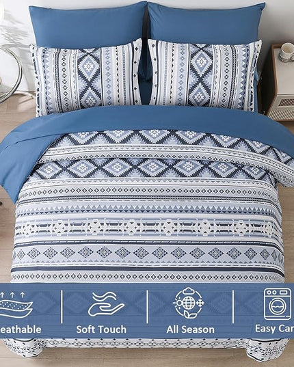 Dinjoy Blue Comforter Set Queen Size, Western Bedding Sets Queen 7 Pieces Bed in a Bag Geometric Striped Comforters with Sheets Aztec Patchwork Complete Set for All Seasons 90"x90" - LeafyLoom