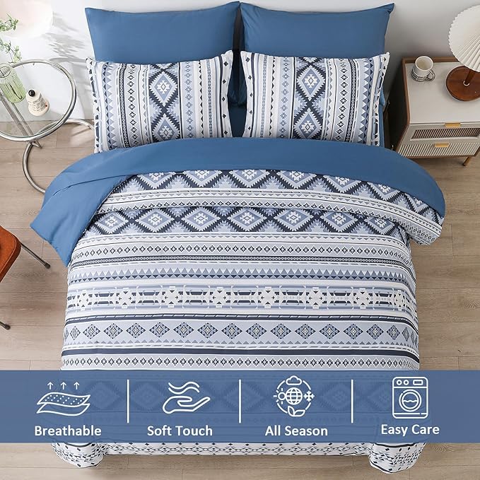 Dinjoy Blue Comforter Set Queen Size, Western Bedding Sets Queen 7 Pieces Bed in a Bag Geometric Striped Comforters with Sheets Aztec Patchwork Complete Set for All Seasons 90"x90" - LeafyLoom
