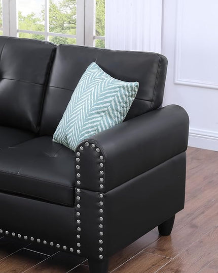 RITSU L Shape Sectional Sofa, Upholstered Corner Couch with Storage Ottoman, Reversible Backrest w/Cup Holder, 4 Seater, Faux Leather Tufted Cushions, for Living Room,Apartment, Black, 71 inch - LeafyLoom