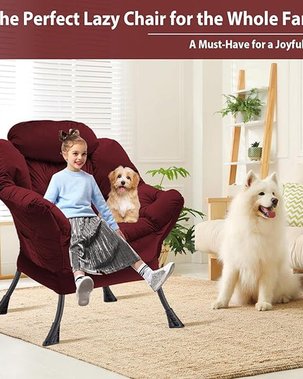 Lazy Chair Thick Padded, Accent Chair Velvet Upholstered with Wide Seat, Stable Metal Frame and Non-Slip Pad, Modern Sofa Armchair with Side Storage Bag for Dorm, Room, Office, Burgundy - LeafyLoom