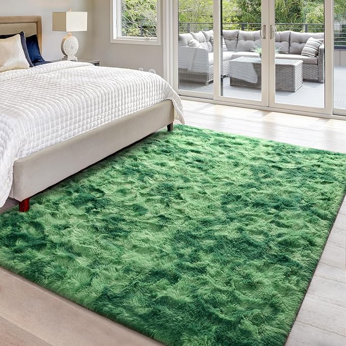 5x8 Large Area Rugs for Living Room, Super Soft Fluffy Modern Bedroom Rug, Tie-Dyed Green Indoor Shag Fuzzy Carpets for Girls Kids Nursery Room Home Decor - LeafyLoom