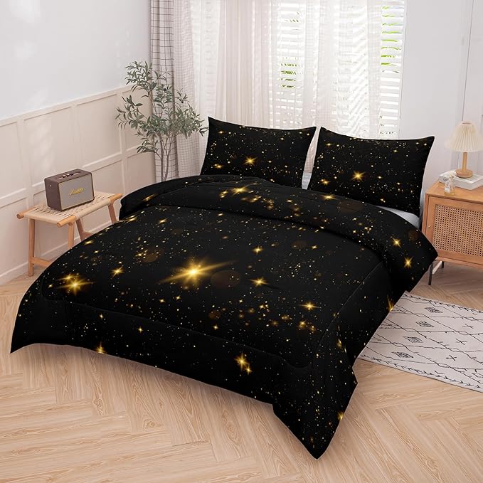 Tailor Shop Glitter Bedding Sets Full Size Black and Glod Comforter Sets for Kids Boys Teens Star Glitter Comforter Sets Twinkle Starlight Comforter Sets with 1 Comforter 1 Pillowcases - LeafyLoom