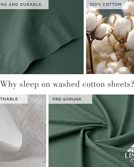 Linen Home Washed Cotton Percale King Sheet Set, Dark Olive, Deep Pocket, 4 Pieces Bed Sheets - 1 Flat Sheet, 1 Fitted Sheet & 2 Envelope Closure Pillowcases, Cool and Comfortable Bed Linen - LeafyLoom
