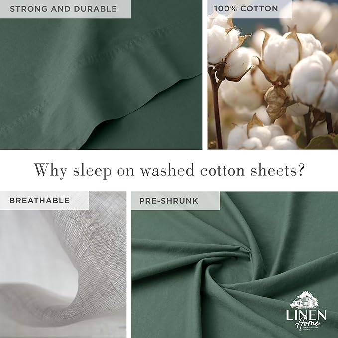 Linen Home Washed Cotton Percale King Sheet Set, Dark Olive, Deep Pocket, 4 Pieces Bed Sheets - 1 Flat Sheet, 1 Fitted Sheet & 2 Envelope Closure Pillowcases, Cool and Comfortable Bed Linen - LeafyLoom