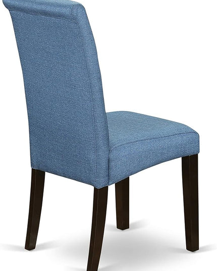 East West Furniture BOBA5-CAP-21 Boston 5 Piece Kitchen Set Includes a Round Dining Room Table and 4 Blue Color Linen Fabric Parsons Dinette Chairs, Cappuccino, 42x42 Inch - LeafyLoom