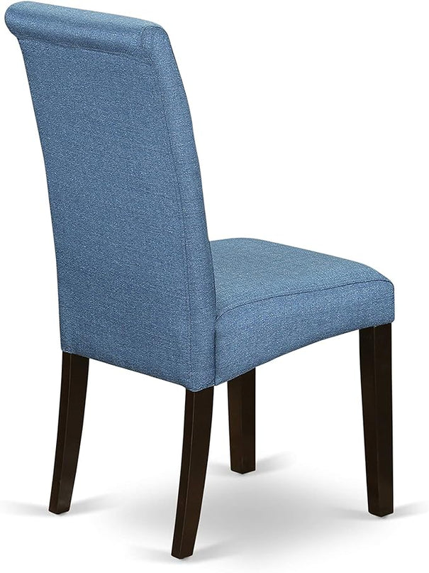 East West Furniture BOBA5-CAP-21 Boston 5 Piece Kitchen Set Includes a Round Dining Room Table and 4 Blue Color Linen Fabric Parsons Dinette Chairs, Cappuccino, 42x42 Inch - LeafyLoom