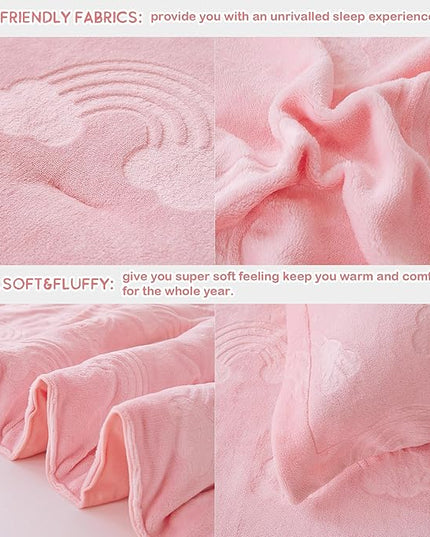 Mooreeke Twin Kids Comforter Bed Set, Embossed Plush Fleece Soft & Warm 2 Piece Bed in A Bag with Shams, Velour Velvet Pink Rainbow Girls Kids Bedding Set, Fluffy Fuzzy Polar Cozy and Stylish - LeafyLoom