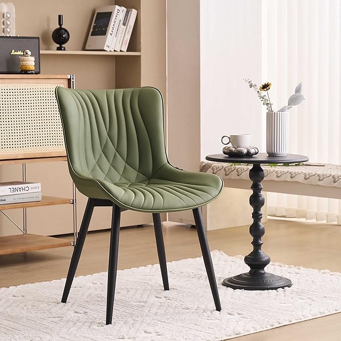 YOUTASTE Dining Chairs Set of 2 Upholstered Mid Century Modern Kitchen Dining Living Room Chairs Armless Faux Leather Accent Chair Metal Vanity Lounge Chair with Back for Bedrooms,Olive Green - LeafyLoom