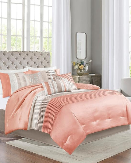 Madison Park Amherst Faux Silk Comforter Set - Casual Contemporary Design, All Season Down Alternative Bedding, Matching Shams, Bedskirt, Decorative Pillows, Cal King(104"x92"), Coral 7 Piece - LeafyLoom