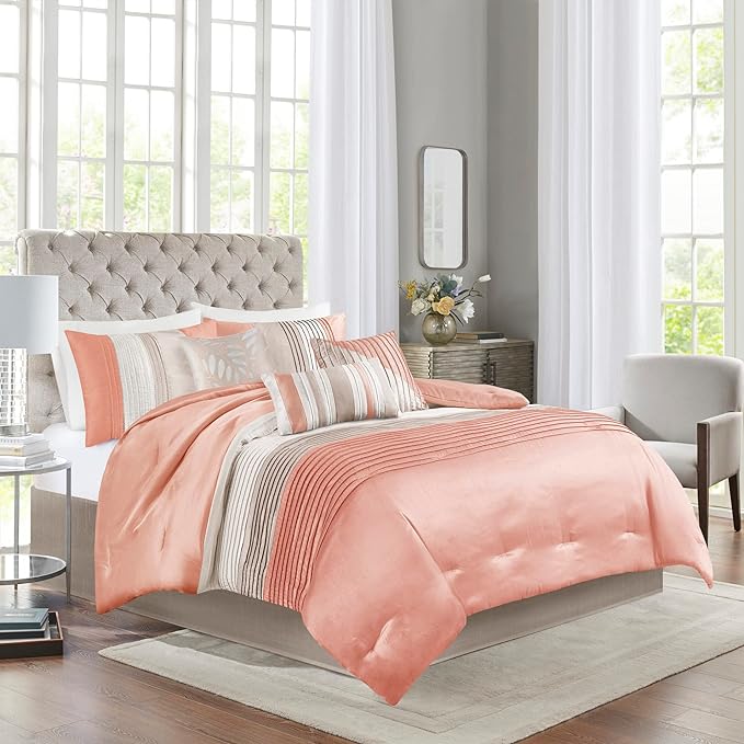 Madison Park Amherst Faux Silk Comforter Set - Casual Contemporary Design, All Season Down Alternative Bedding, Matching Shams, Bedskirt, Decorative Pillows, Cal King(104"x92"), Coral 7 Piece - LeafyLoom