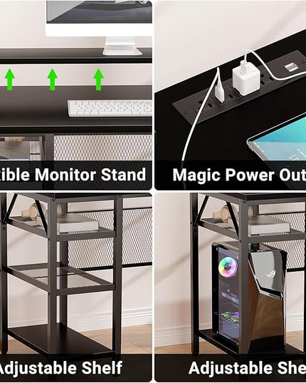 Reversible L Shaped Computer Desk with Magic Power Outlet and Smart LED Light, 55 Inch Large Office Corner Desk with Ergonomic Monitor Stand, Gaming Table with Storage, Grid Design, Black - LeafyLoom