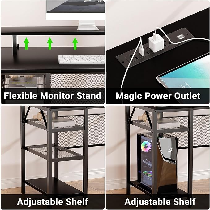 Reversible L Shaped Computer Desk with Magic Power Outlet and Smart LED Light, 55 Inch Large Office Corner Desk with Ergonomic Monitor Stand, Gaming Table with Storage, Grid Design, Black - LeafyLoom