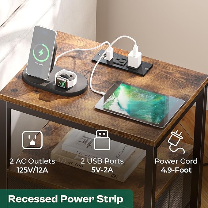 Nightstands Set of 2, End Tables with Charging Station, Side Tables with Fabric Drawers, Bedside Tables with USB Ports and Outlets, Night Stands for Bedroom, Rustic Brown and Black - LeafyLoom
