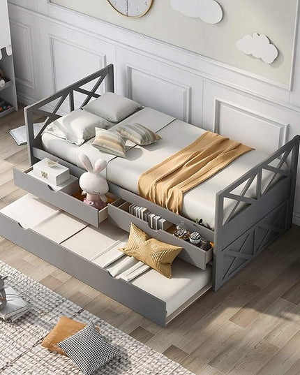 Twin Size Daybed with Storage Drawers and Trundle, Wood Twin Captains Bed frame for Bedroom and Living Room, Gray - LeafyLoom