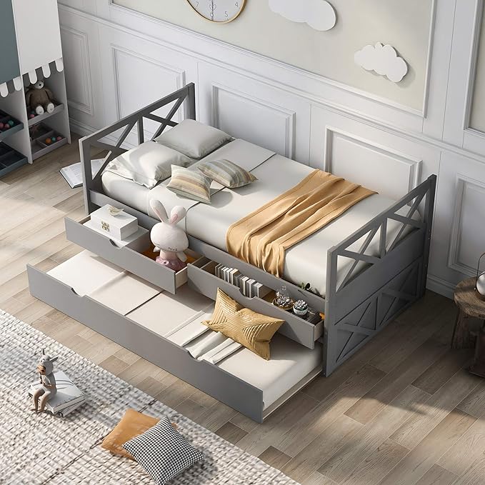 Twin Size Daybed with Storage Drawers and Trundle, Wood Twin Captains Bed frame for Bedroom and Living Room, Gray - LeafyLoom