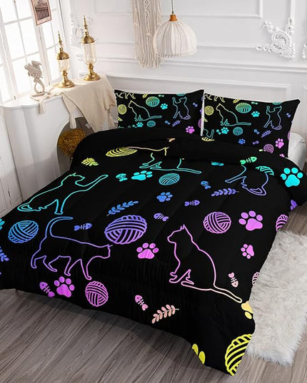 Black Cat Bedding Cartoon Cat Comforter Set Queen,Neon Cat Paw Ball of Yarn Printed Kids Bedding for Cat Lover Boys Girls Adults Room Decor,Kids Comforter,1 Quilt 2 Pillow Cases,Neon Color Purple Blue - LeafyLoom