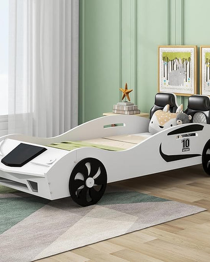 Twin Race Car-Shaped Bed with Storage Space & Upholstered Backrest,Wood Bedframe W/Safety Guardrail,Slats Support,No Box Spring Required,Fun Play for Boys Kids Toddlers Child's Bedroom,White - LeafyLoom