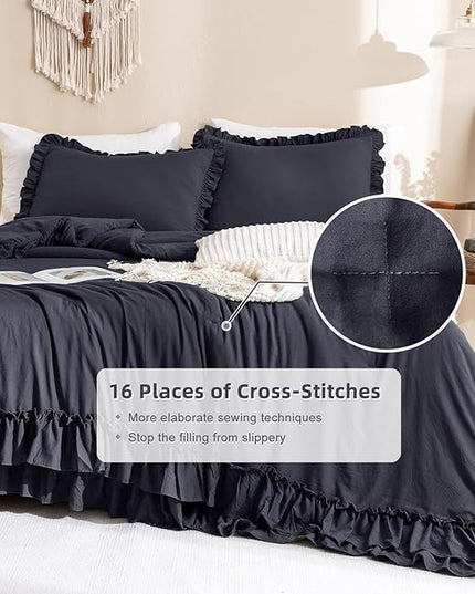 Shabby Comforter Set Queen,Farmhouse Rustic Microfiber Bedding Ruffled Comforter Set,Vintage Dark Gray Ruffle Comforter for Queen Bed Fluffy Aesthetic Grey Bedding 3 Pieces - LeafyLoom