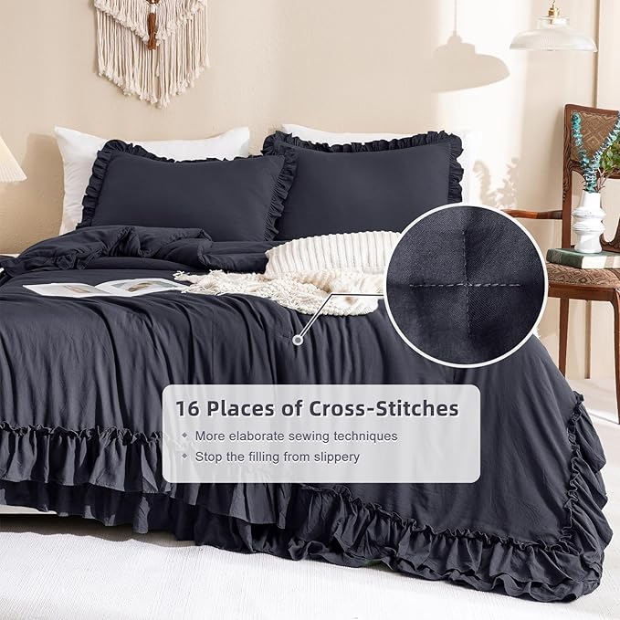 Shabby Comforter Set Queen,Farmhouse Rustic Microfiber Bedding Ruffled Comforter Set,Vintage Dark Gray Ruffle Comforter for Queen Bed Fluffy Aesthetic Grey Bedding 3 Pieces - LeafyLoom