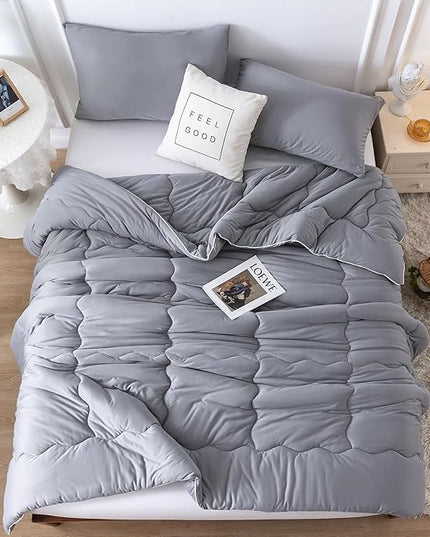 COTTEBED Ultra-Soft Comforter Set Queen/Full Size Bed, Jersey Knit T-Shirt Feeling Fluffy Cozy Comy Durable Lightweight Quilt Bedding Down Blanket & 2 Pillowcase for All Season Use, Dark Grey - LeafyLoom