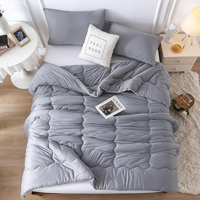 COTTEBED Ultra-Soft Comforter Set Queen/Full Size Bed, Jersey Knit T-Shirt Feeling Fluffy Cozy Comy Durable Lightweight Quilt Bedding Down Blanket & 2 Pillowcase for All Season Use, Dark Grey - LeafyLoom