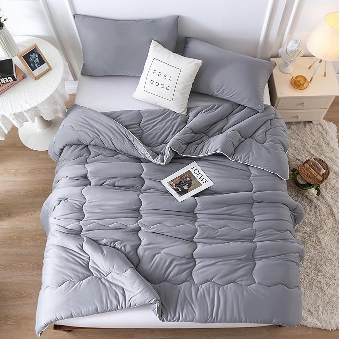 COTTEBED Ultra-Soft Comforter Set Queen/Full Size Bed, Jersey Knit T-Shirt Feeling Fluffy Cozy Comy Durable Lightweight Quilt Bedding Down Blanket & 2 Pillowcase for All Season Use, Dark Grey - LeafyLoom